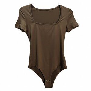 NWOT | Brown Square Neck Short Sleeve Fitted Bodysuit | X-Small